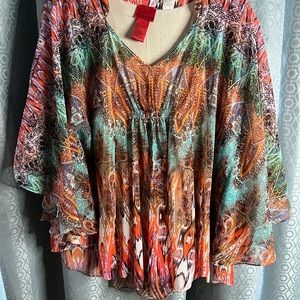V Cristina Sheer Cape Blouse size Medium in shades of orange and turquoise